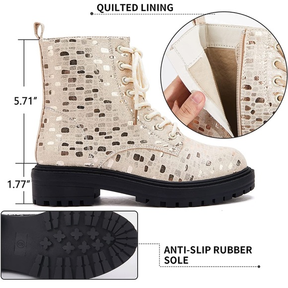 Beige Gold Fashion Combat Boots / Lug Sole / Lace-Front & Side Zip - Size 9 NWT - Picture 4 of 5